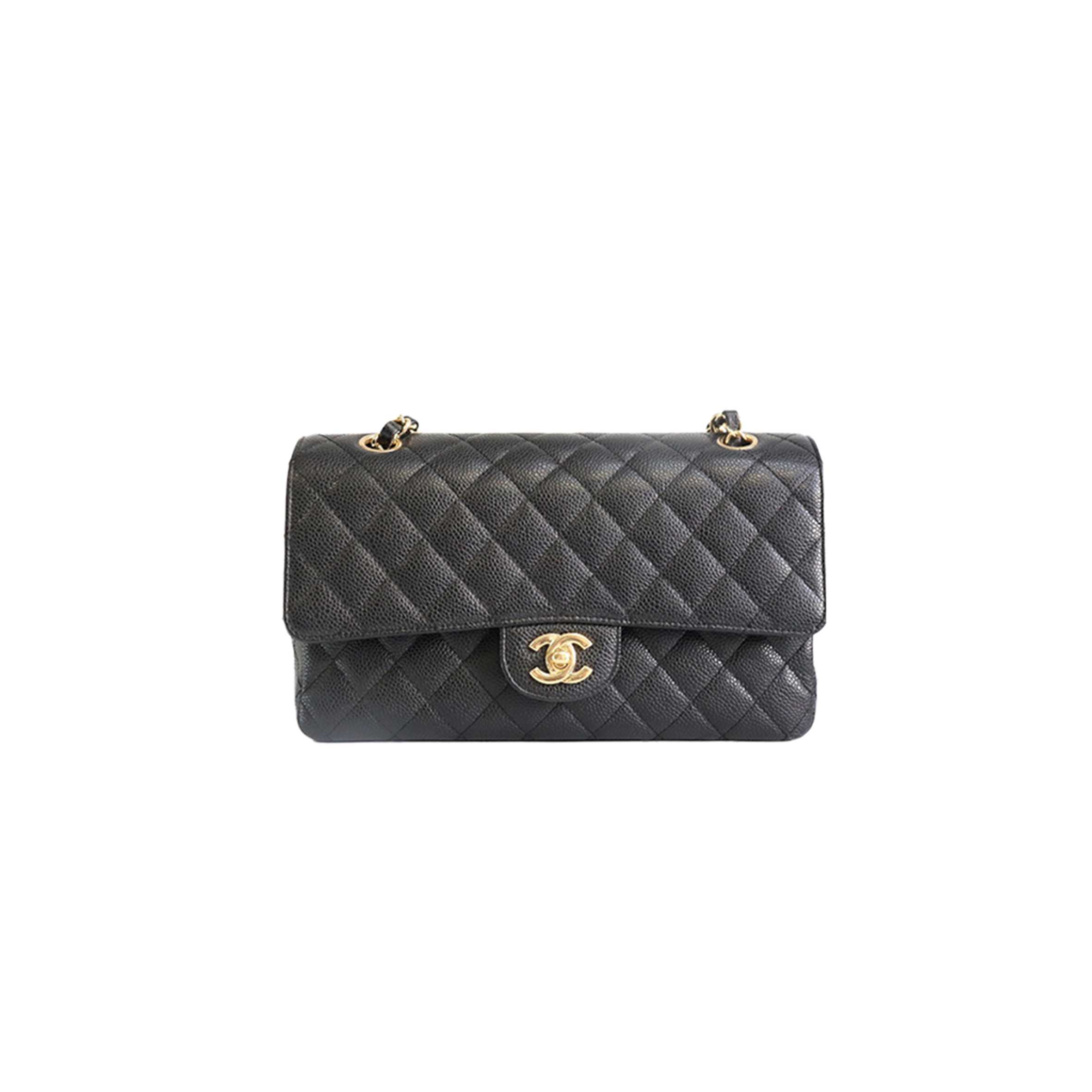 CHANEL CLASSIC MEDIUM DOUBLE FLAP, BLACK CAVIAR LEATHER, GOLD HARDWARE (25.5*15.5*6.5cm) 